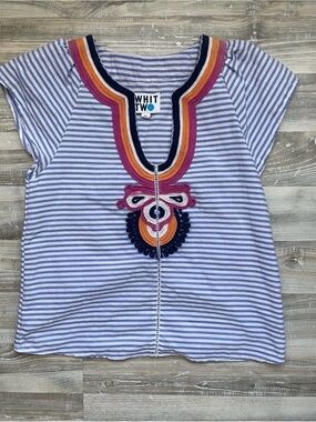 WHIT Two Purple‎ Striped Embroidered Tunic Top XSP 100% Cotton Boho
